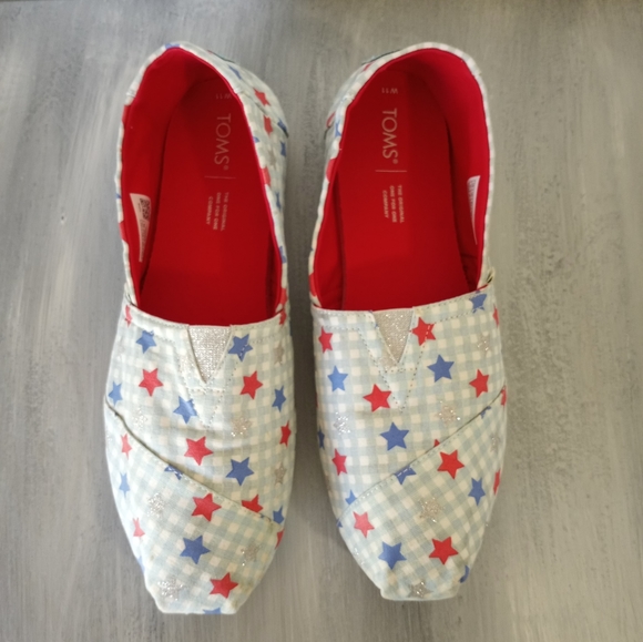 Toms White Blue Gingham Stars Glow In The Dark Alpargata Women's Size 11 - Picture 12 of 16